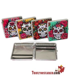 Pitillera metálica Champ Mex Skull and Flowers de 20 cig