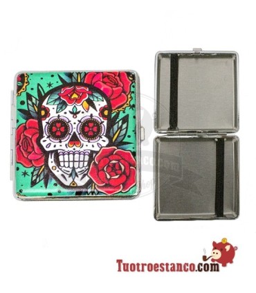 Pitillera metálica Champ Mex Skull and Flowers de 20 cig