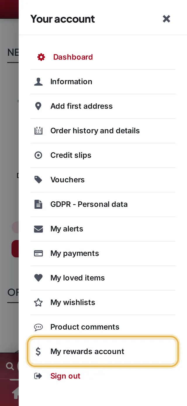 Account menu with “My rewards account” highlighted