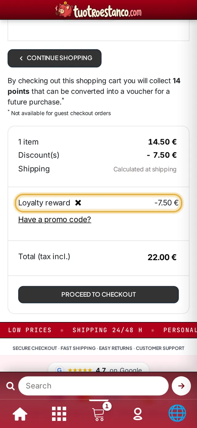 Cart with the “Loyalty reward” discount applied