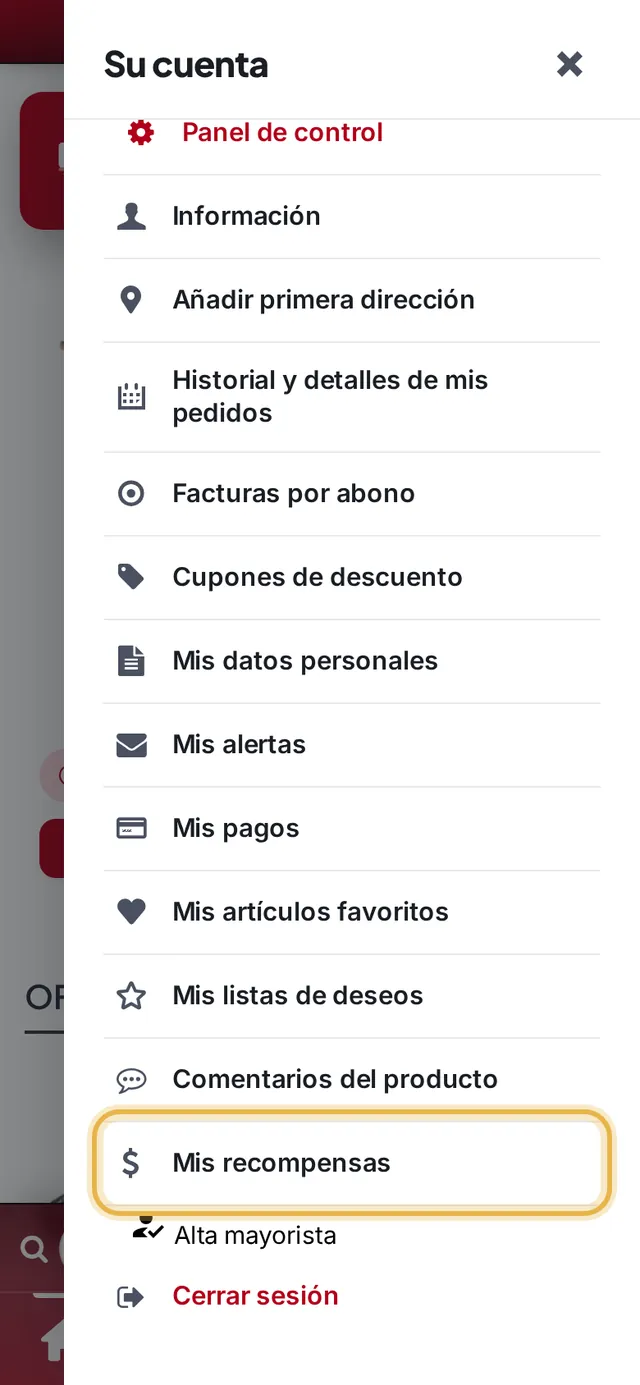 Menú de la cuenta con «Mis recompensas» resaltado