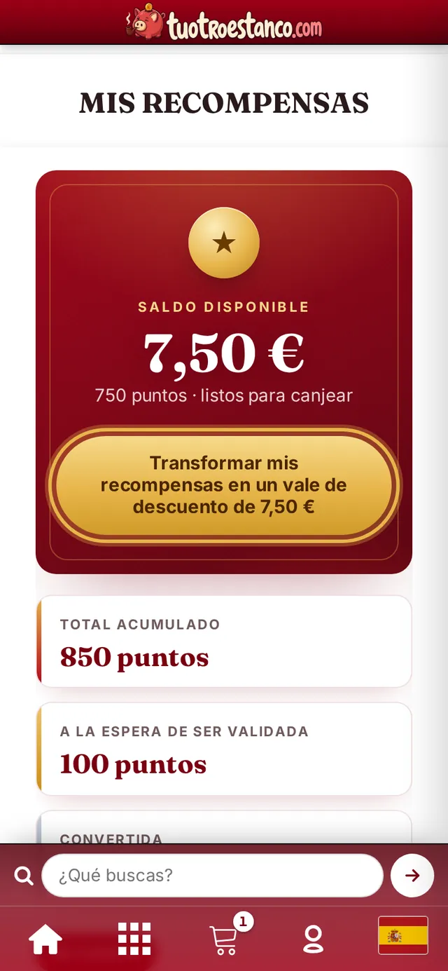 Saldo disponible y botón para convertirlo en un vale