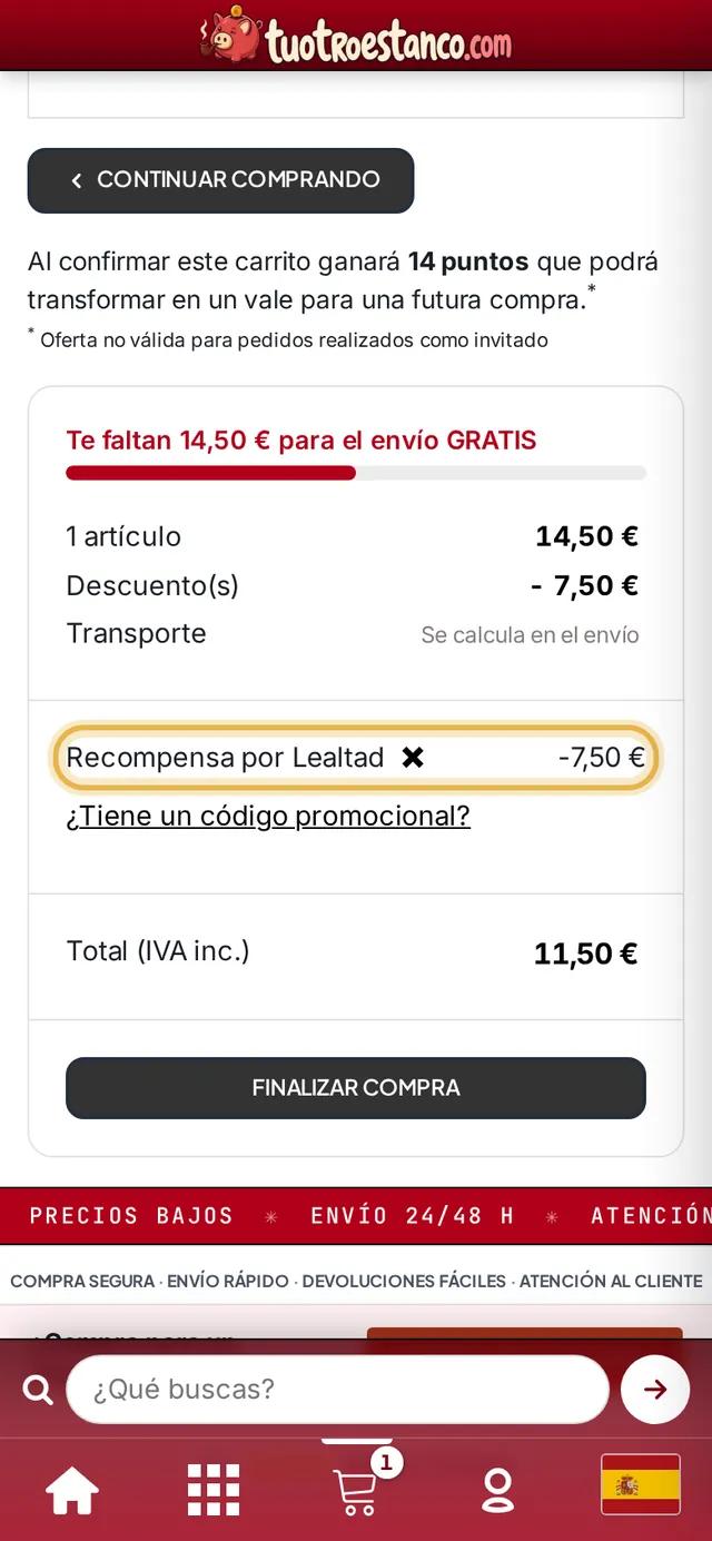 Carrito con el descuento «Recompensa por Lealtad» aplicado