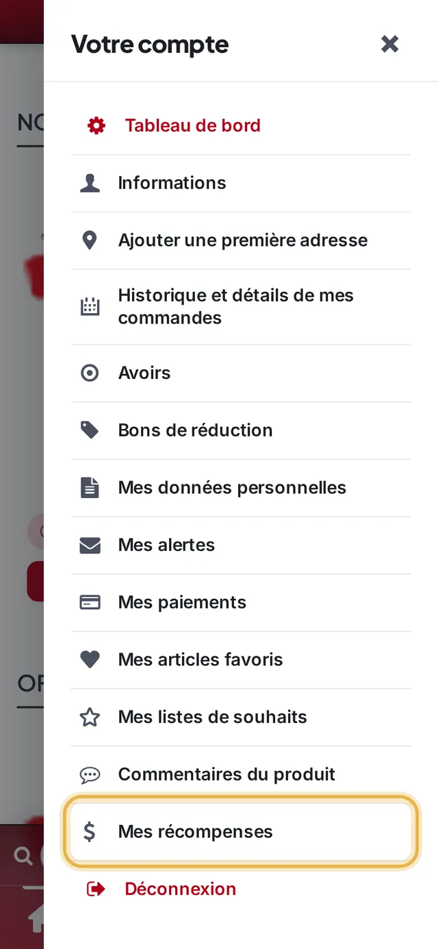 Menu du compte avec « Mes récompenses » mis en évidence