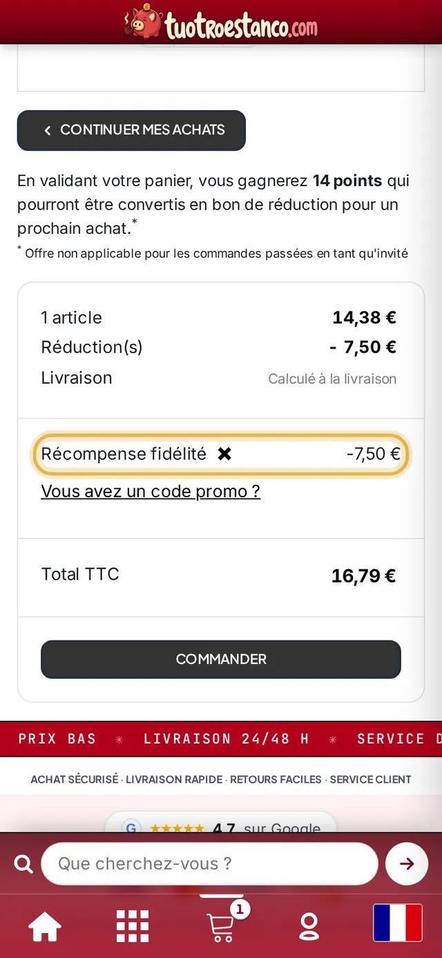 Panier avec la réduction « Récompense fidélité » appliquée