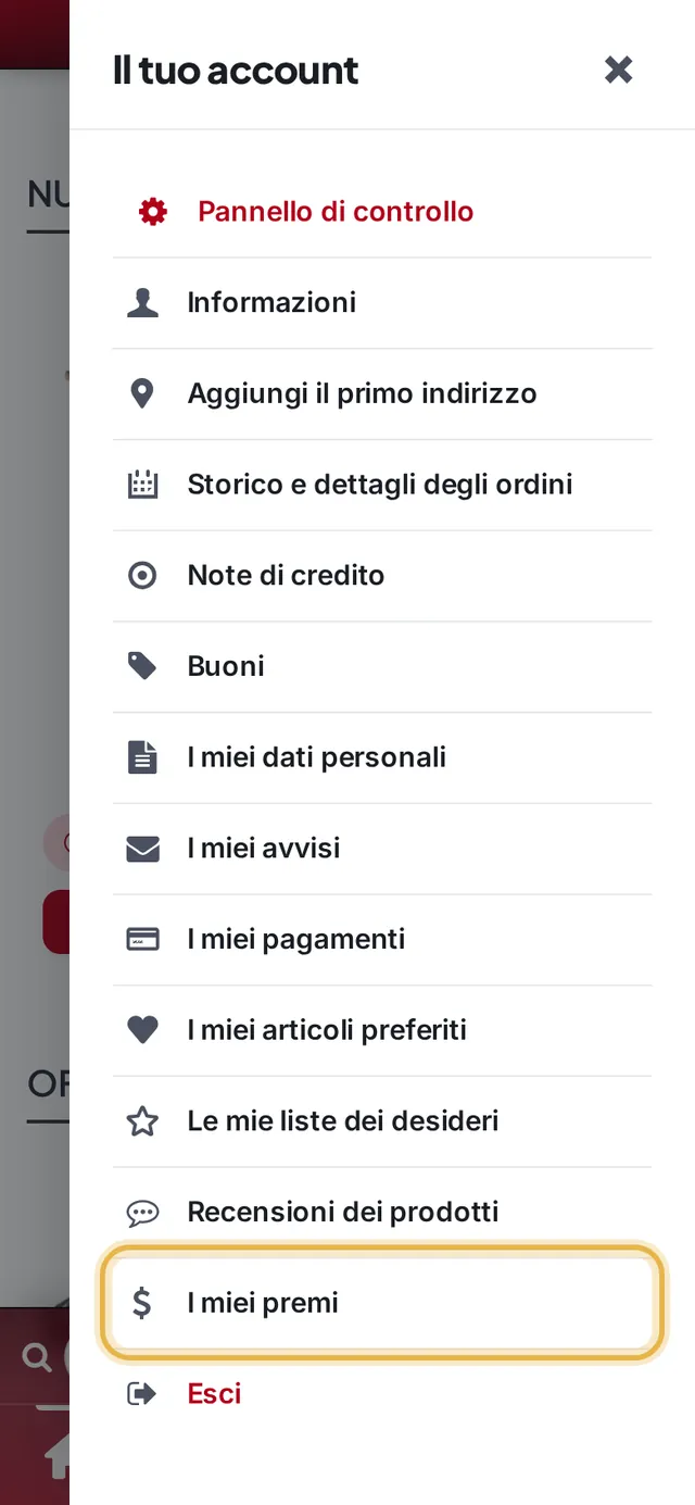 Menu dell’account con «I miei premi» evidenziato