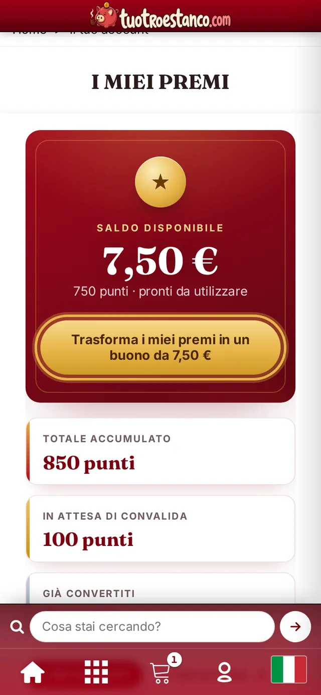 Saldo disponibile e pulsante per trasformarlo in un buono