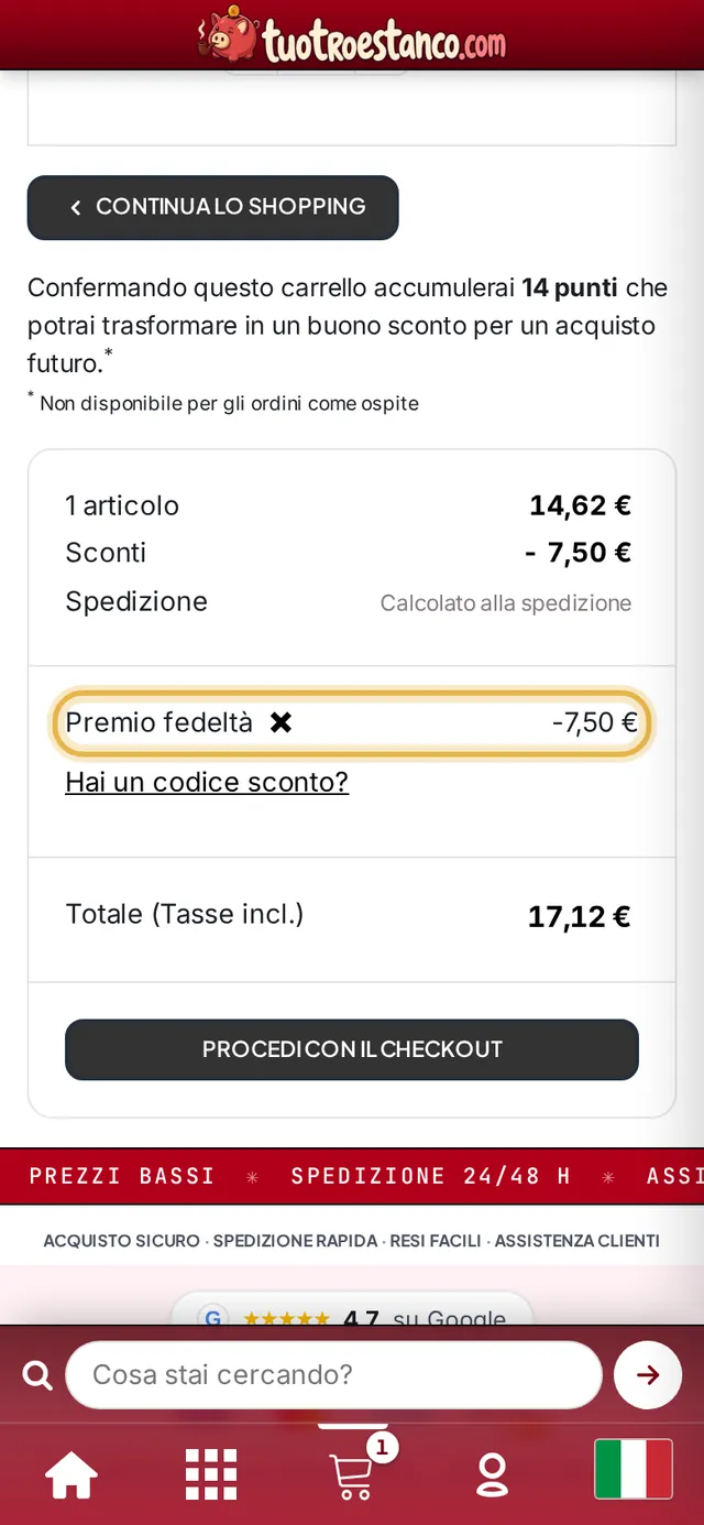 Carrello con lo sconto «Premio fedeltà» applicato