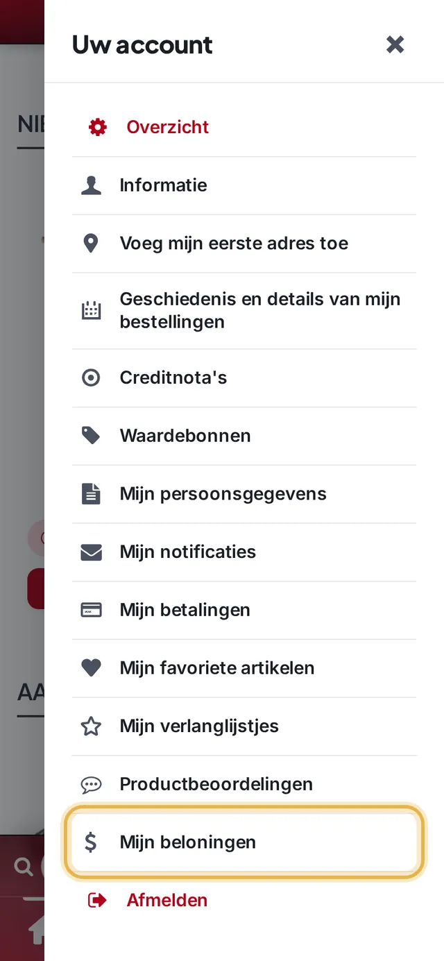 Accountmenu met „Mijn beloningen” gemarkeerd