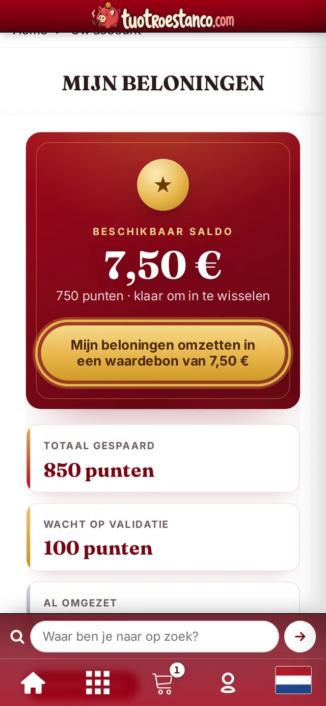 Beschikbaar saldo en de knop om het om te zetten in een bon
