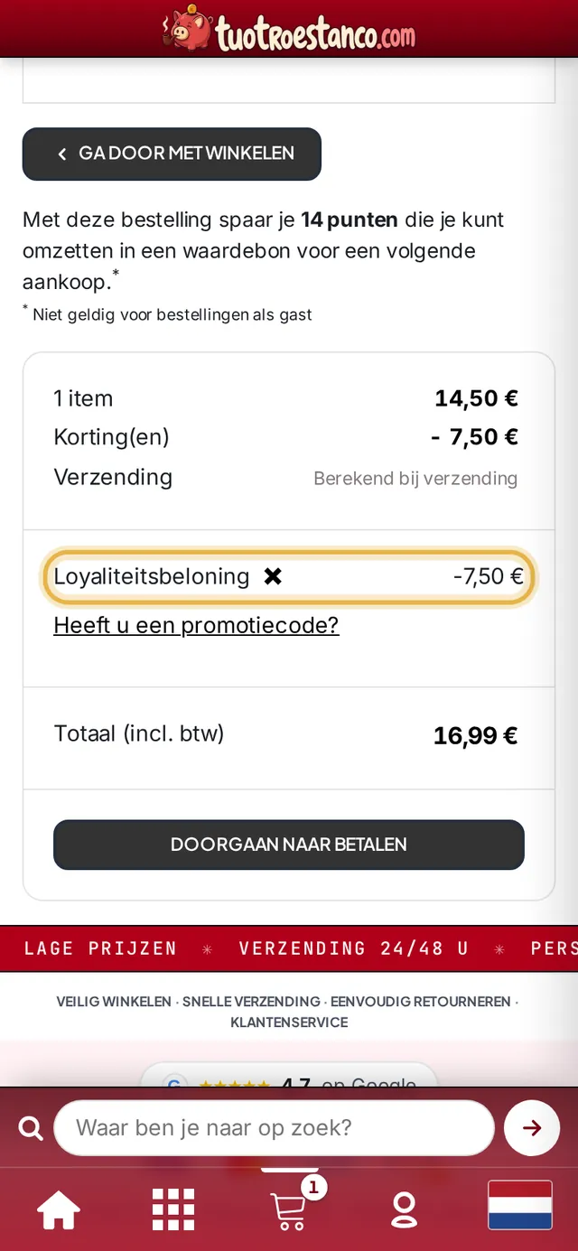 Winkelwagen met de korting „Loyaliteitsbeloning” toegepast